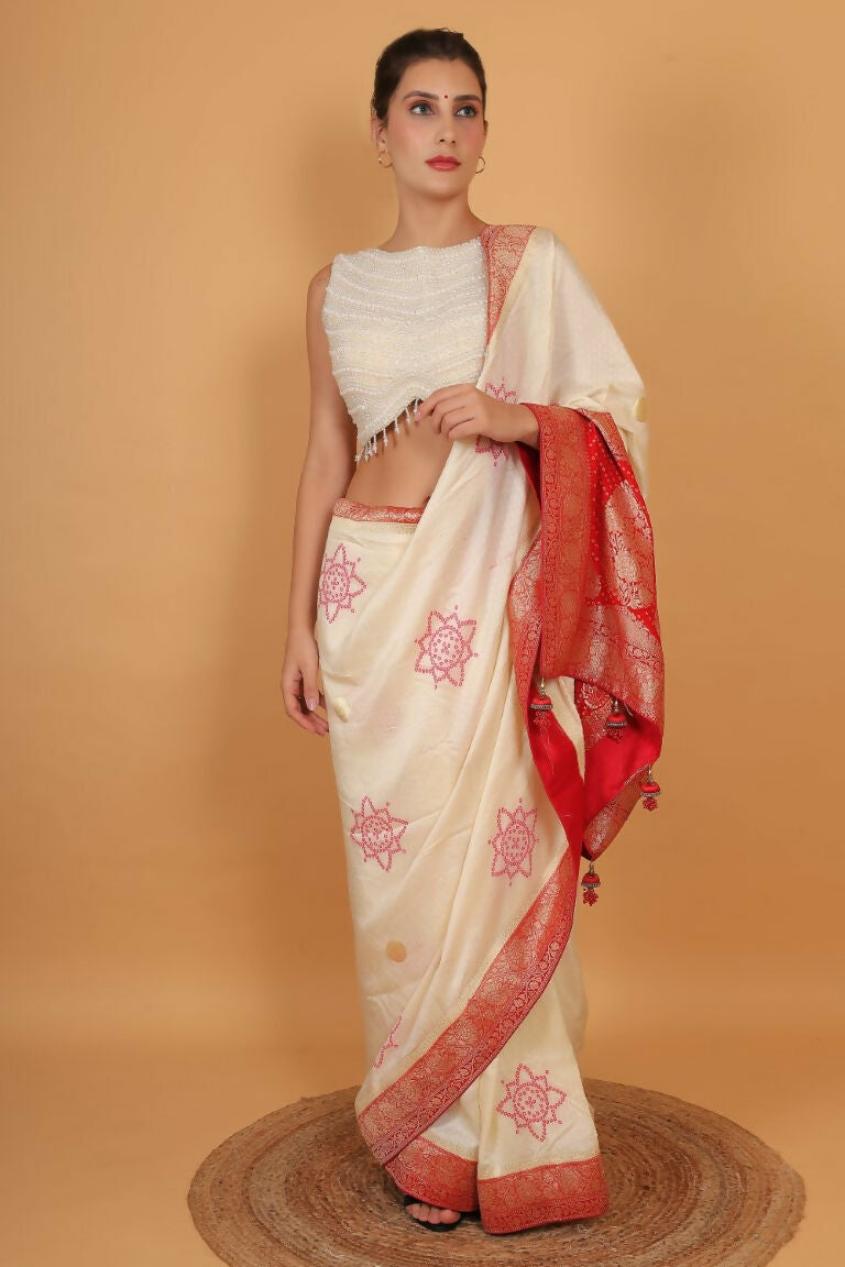 Joban Fashion Silk Pearl And Beads Hand Embroidery Padded Blouse - White