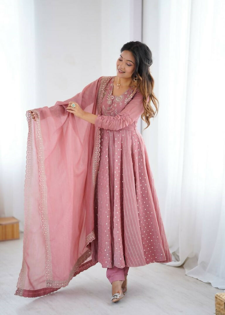Teeya Creation Baby Pink Color Heavy Crunchy Silk Embroidery Work Gown
