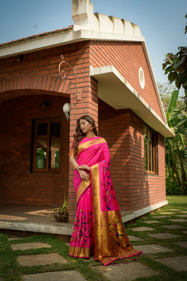 Jyoti Fashion Women's Pink Paithani Silk Zari Woven Saree with Blouse - Distacart