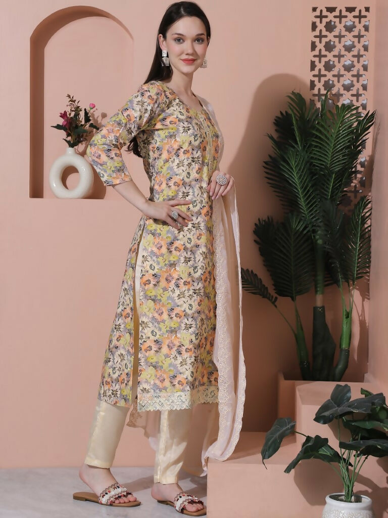 Jyoti Fashion Women's Multicolor Cotton Floral Digital Printed Kurta with Trouser & Dupatta - Distacart