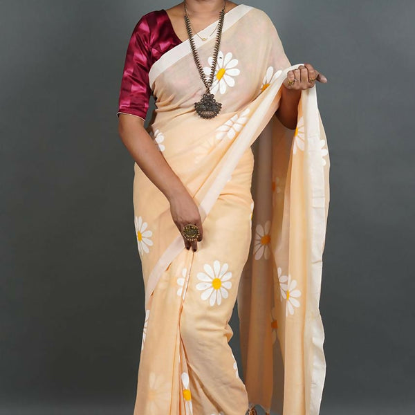 Exclusive Collection Cream Pure Cotton Saree With Sunflower Design