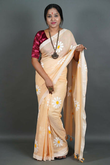 Exclusive Collection Cream Pure Cotton Saree With Sunflower Design - Distacart