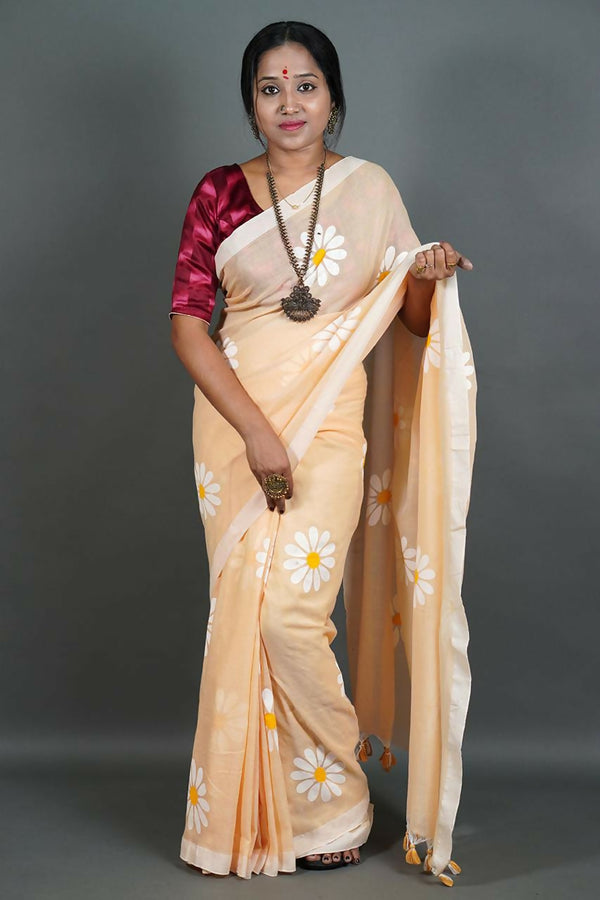 Exclusive Collection Cream Pure Cotton Saree With Sunflower Design