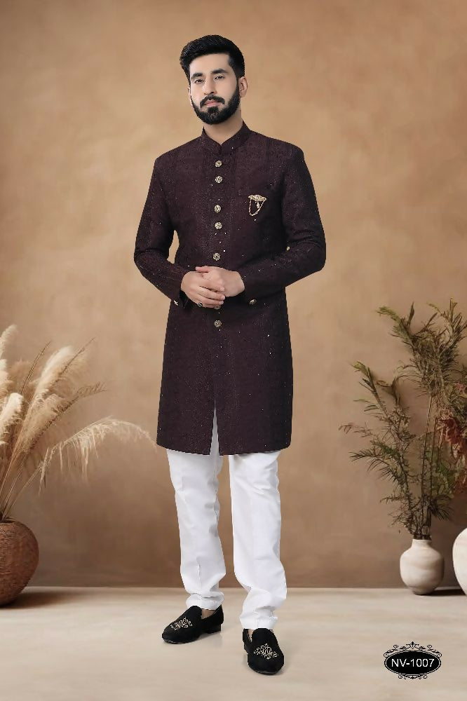 Joban Fashion Men's Brown Straight Silk Heavy Thread & Sequence Embroidery All Over Indo-Western Kurta Set - Distacart