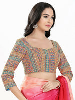 Thumbnail for Joban Fashion Blue Multi Silk Padded Blouse With Sweetheart Neck 3/4 Sleeves - Distacart
