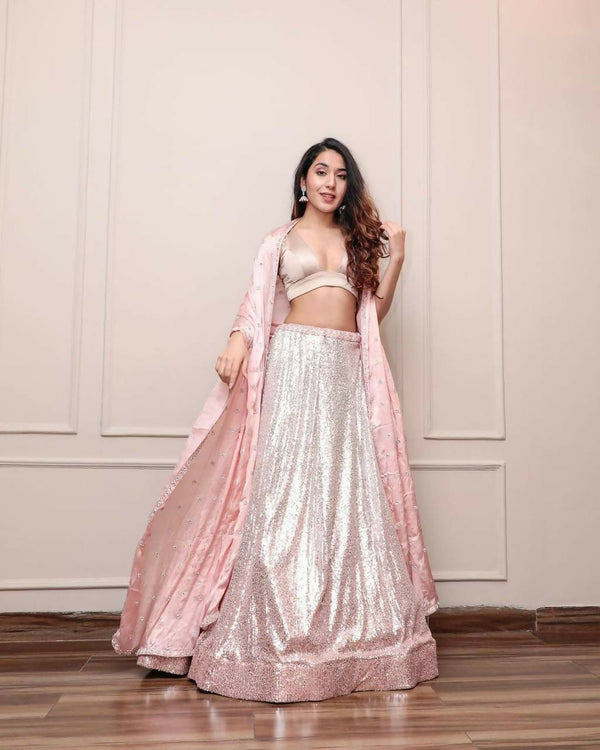 Jyoti Fashion Women's Peach Satin Silk Sequins Designer Lehenga Choli Set - Distacart