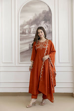 Thumbnail for The52 Orange Women's Beautiful Vichitra Silk Fabric Embroidered Work Flared Anarkali Pant and Dupatta Set