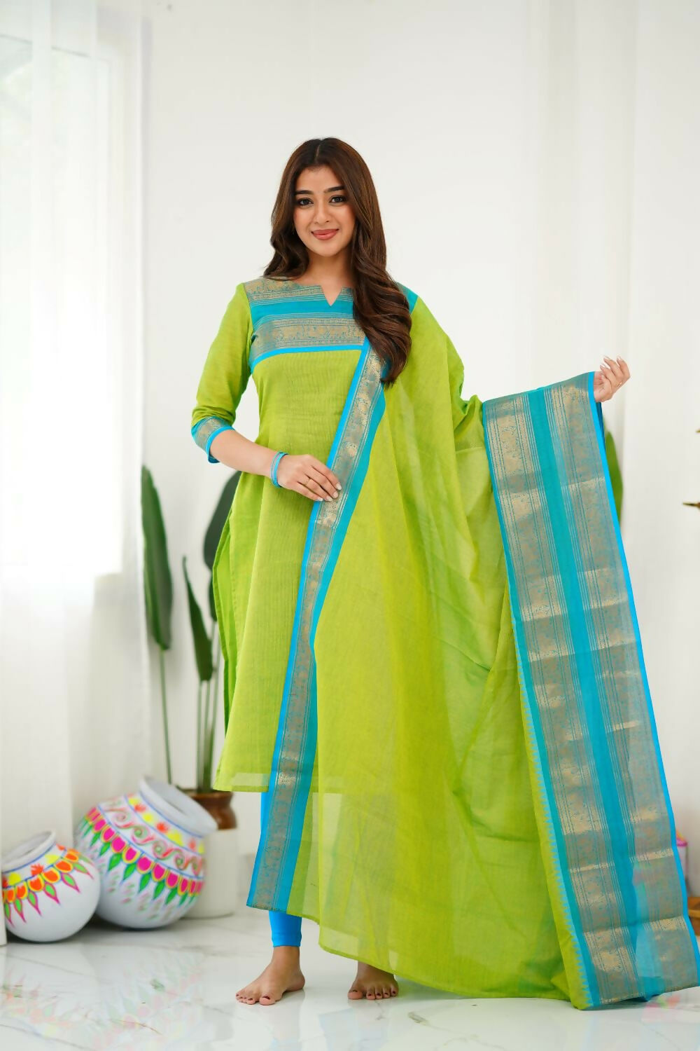 Divine Drape Women's Cotton Printed Straight Kurta With Dupatta - Light Green