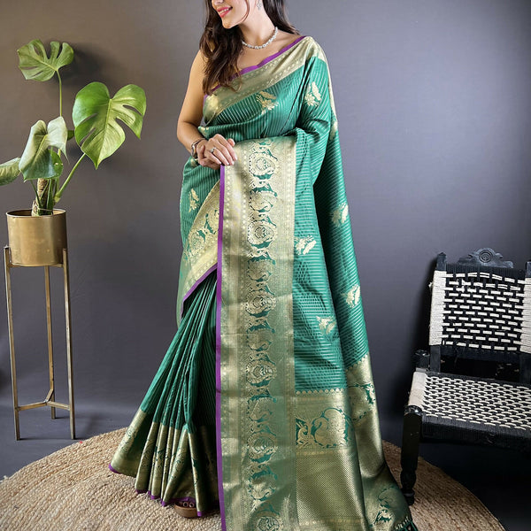 Joban Fashion Green Striped With Floral Motifs Soft Silk Leheriya Saree