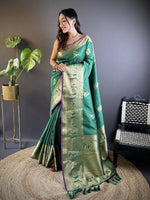 Thumbnail for Joban Fashion Green Striped With Floral Motifs Soft Silk Leheriya Saree