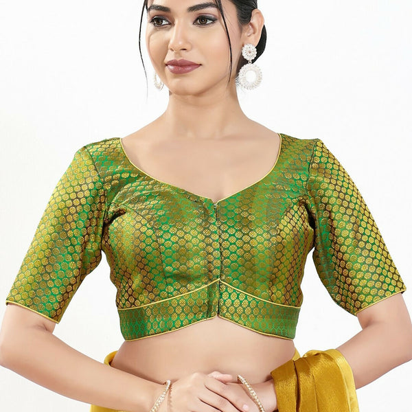 Joban Fashion Green Brocade Padded Blouse With Sweetheart Neck Elbow Sleeves