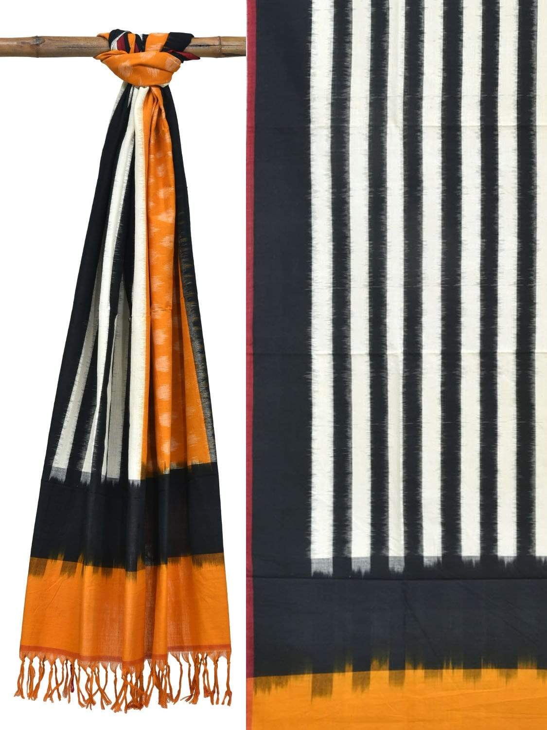 Orange and Black Pochampally Ikat Cotton Handloom Dupatta with Strips and Buta Design - Global Threads - Distacart