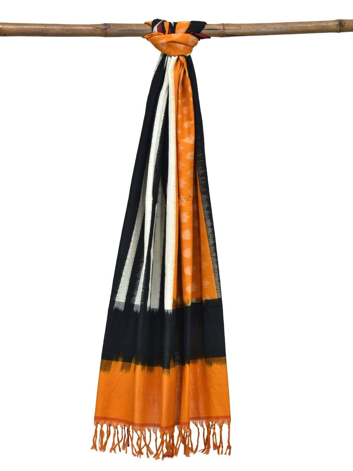 Orange and Black Pochampally Ikat Cotton Handloom Dupatta with Strips and Buta Design - Global Threads - Distacart