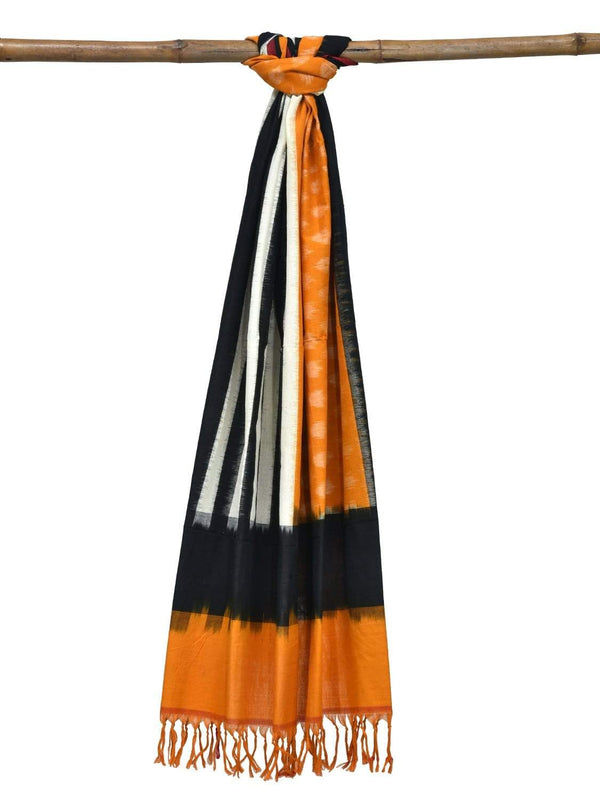 Orange and Black Pochampally Ikat Cotton Handloom Dupatta with Strips and Buta Design - Global Threads - Distacart