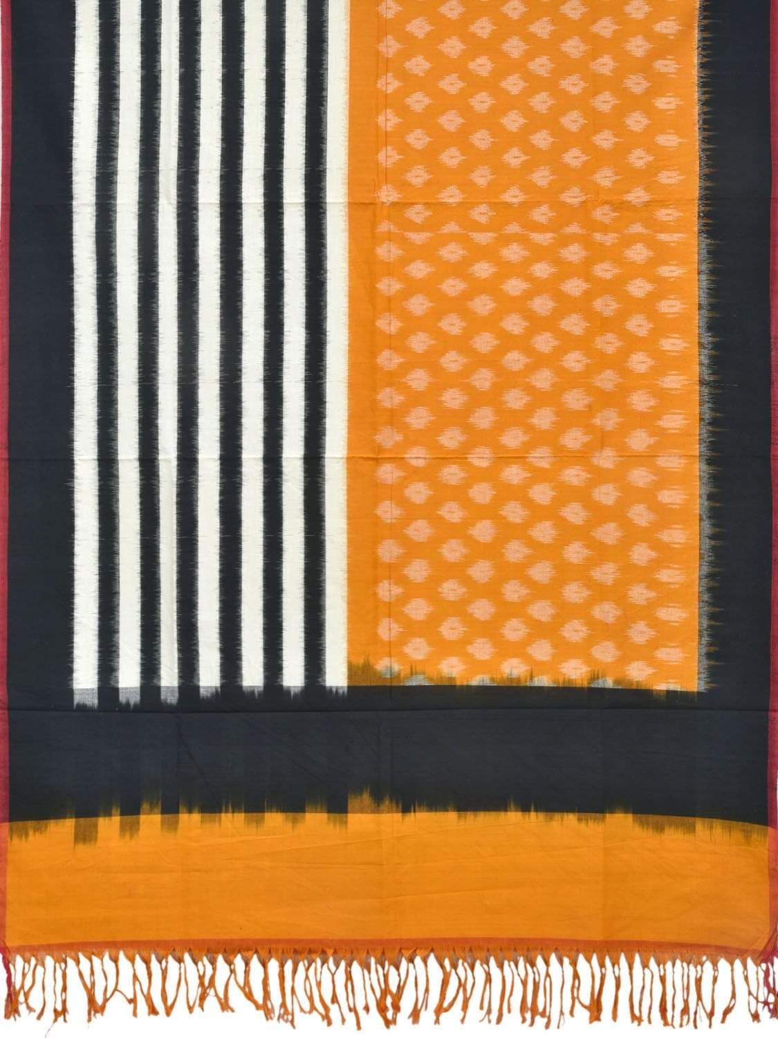 Orange and Black Pochampally Ikat Cotton Handloom Dupatta with Strips and Buta Design - Global Threads - Distacart