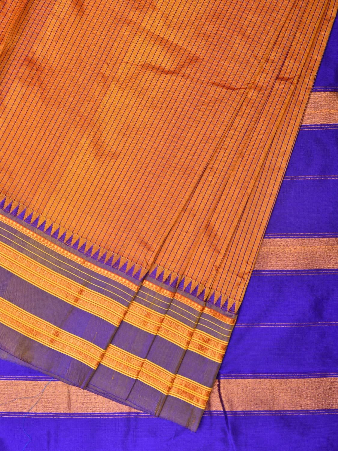 Orange and Blue Narayanpet Silk Handloom Saree with Checks Design No Blouse - Global Threads - Distacart