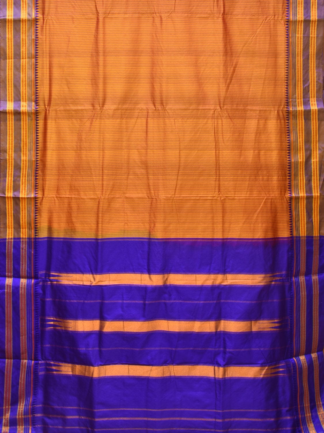 Orange and Blue Narayanpet Silk Handloom Saree with Checks Design No Blouse - Global Threads - Distacart