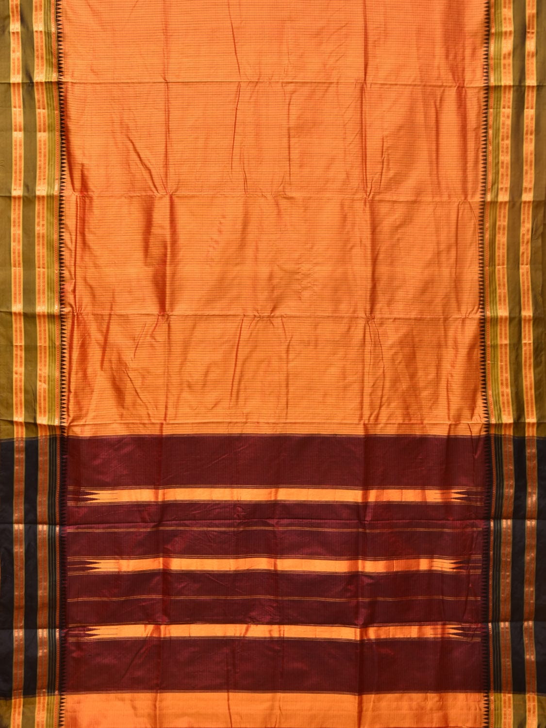 Orange and Brown Narayanpet Silk Handloom Saree with Checks Design No Blouse - Global Threads - Distacart