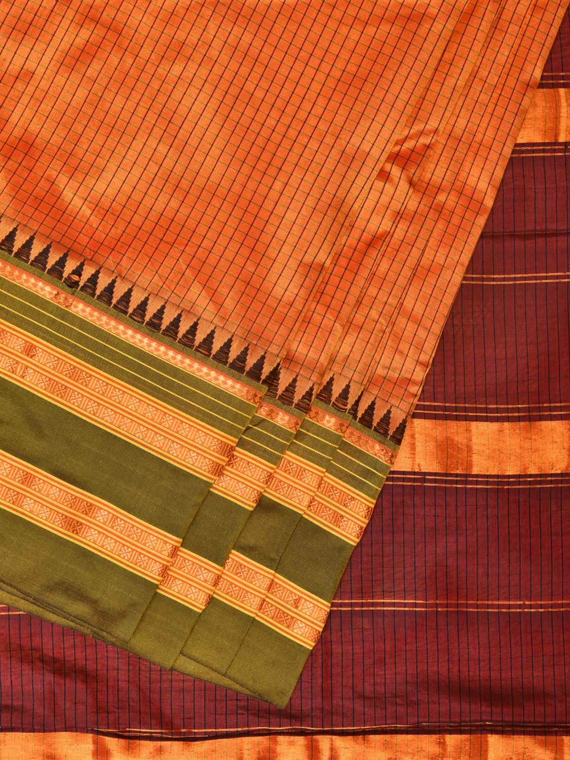 Orange and Brown Narayanpet Silk Handloom Saree with Checks Design No Blouse - Global Threads - Distacart