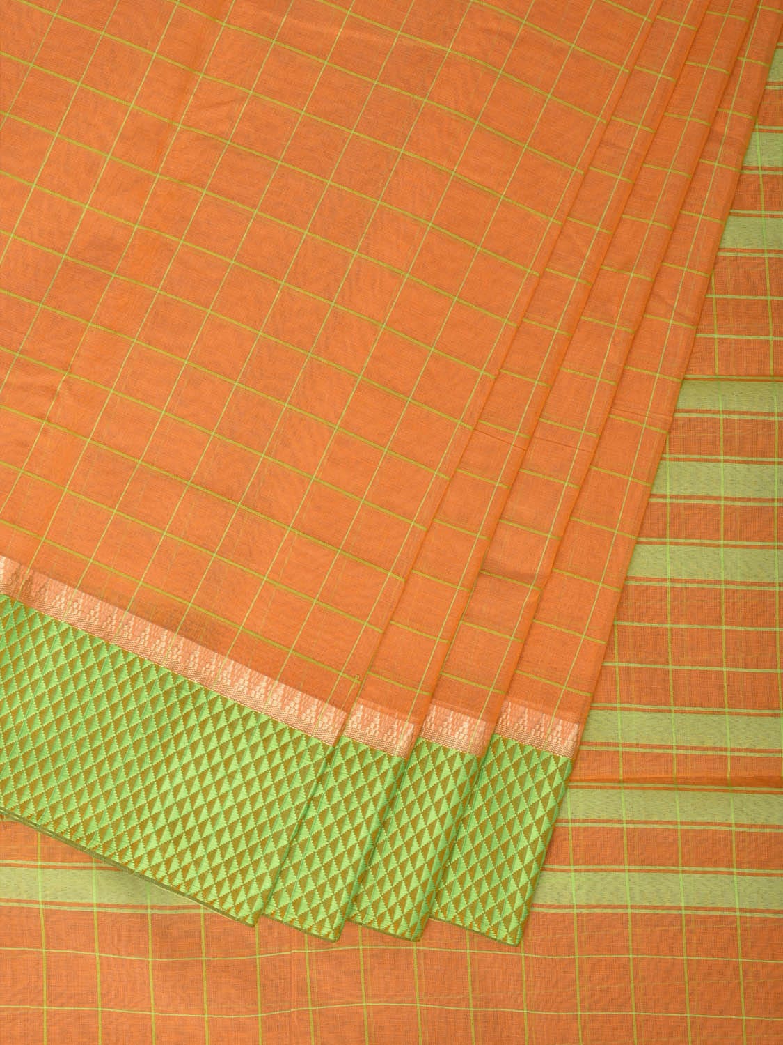Orange and Light Green Bamboo Cotton Saree with Big Checks Design No Blouse - Global Threads - Distacart