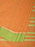 Thumbnail for Orange and Light Green Bamboo Cotton Saree with Big Checks Design No Blouse - Global Threads - Distacart