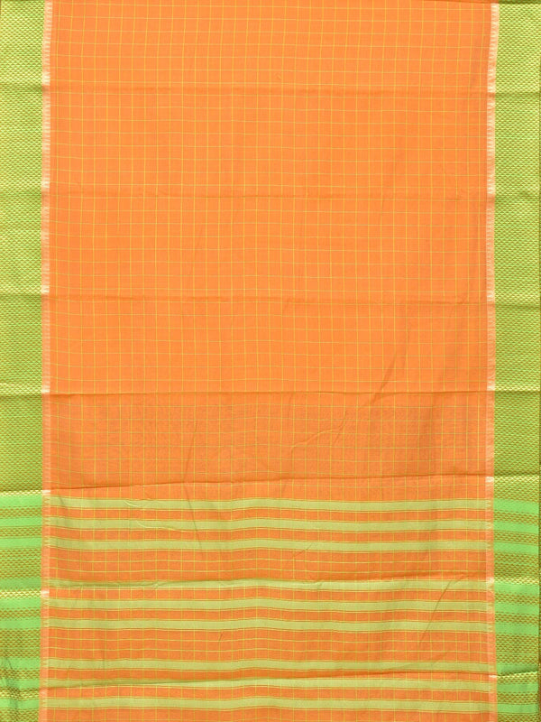 Orange and Light Green Bamboo Cotton Saree with Big Checks Design No Blouse - Global Threads - Distacart