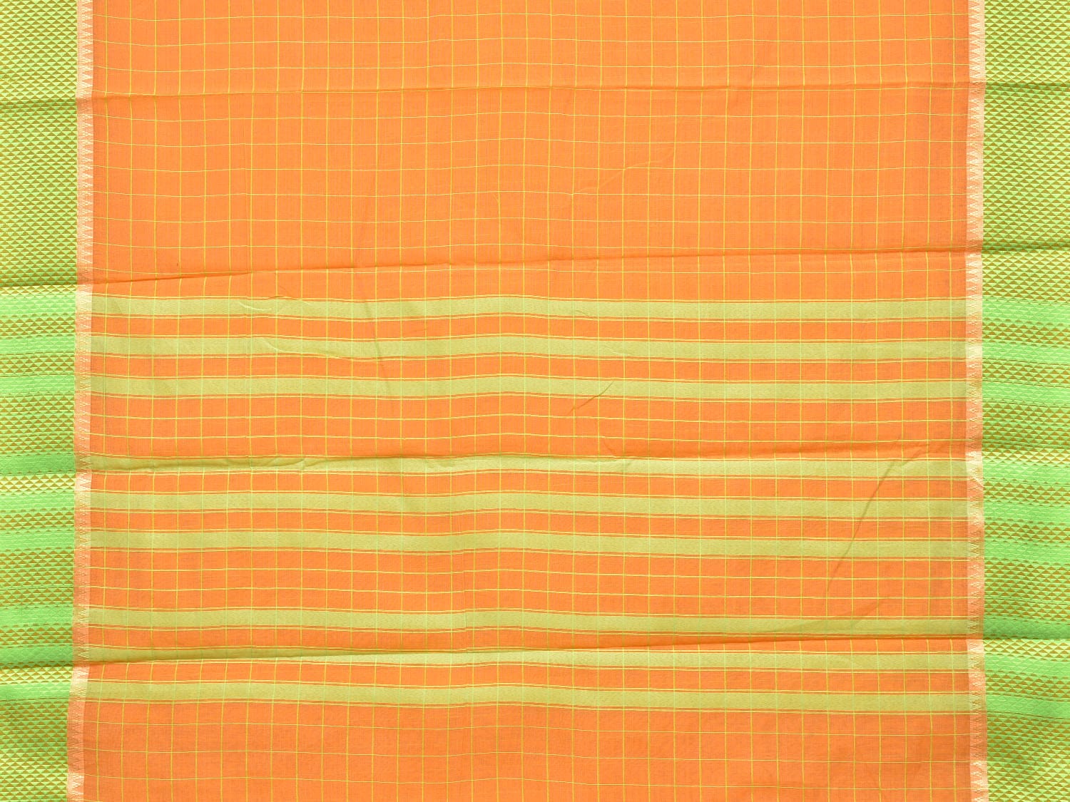 Orange and Light Green Bamboo Cotton Saree with Big Checks Design No Blouse - Global Threads - Distacart