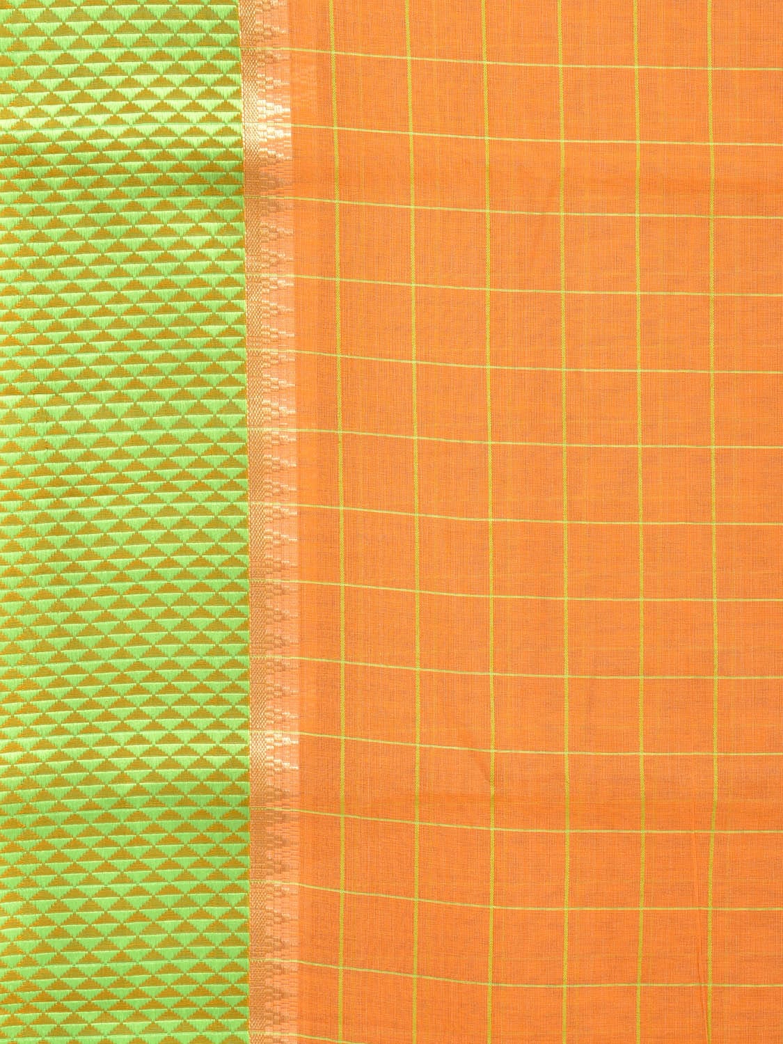 Orange and Light Green Bamboo Cotton Saree with Big Checks Design No Blouse - Global Threads - Distacart