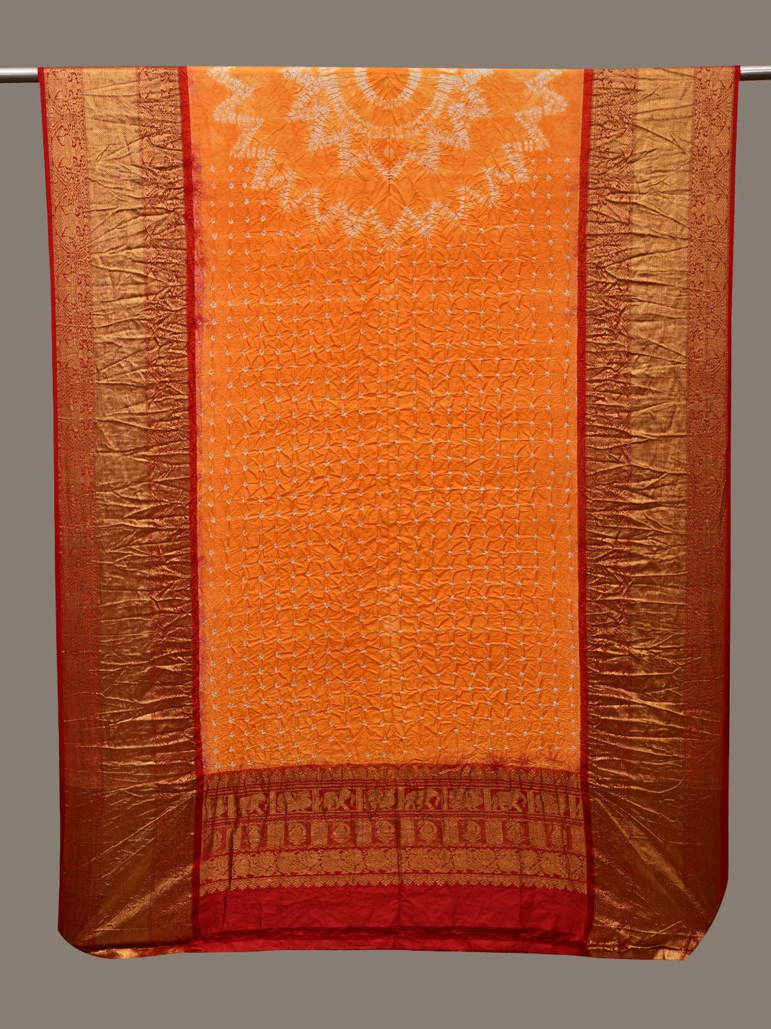 Orange and Red Bandhani Kanchipuram Silk Handloom Dupatta with Border and Chakra Design - Global Threads - Distacart
