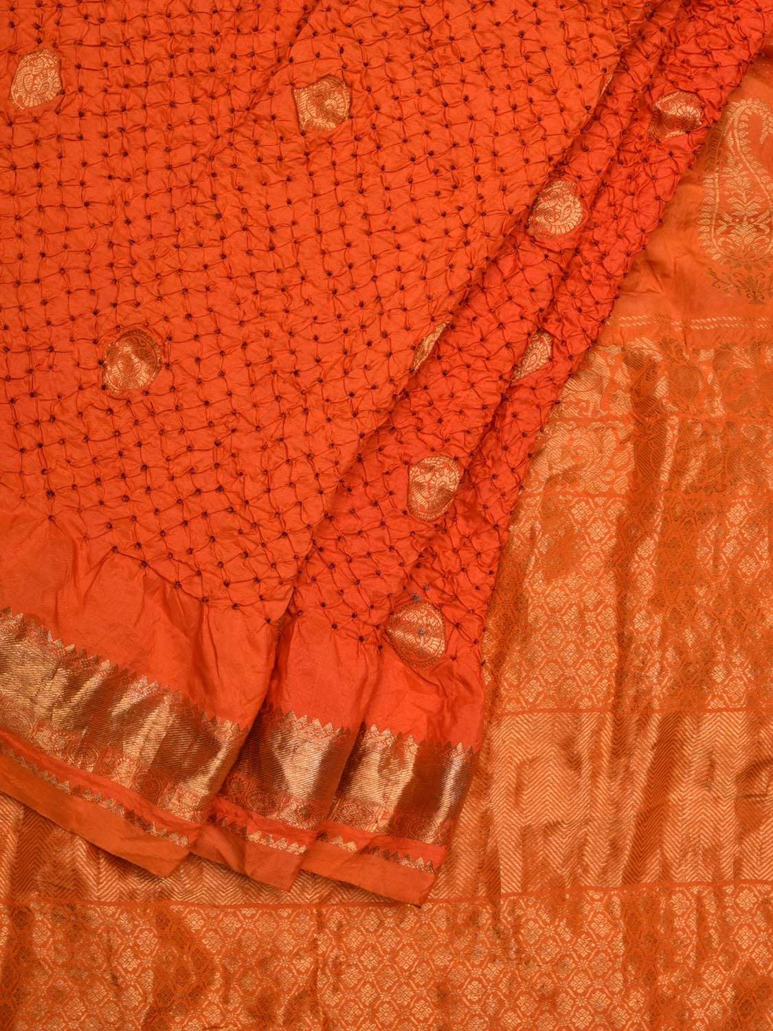 Orange Bandhani Kanchipuram Silk Handloom Saree with Small Buta Design - Global Threads - Distacart