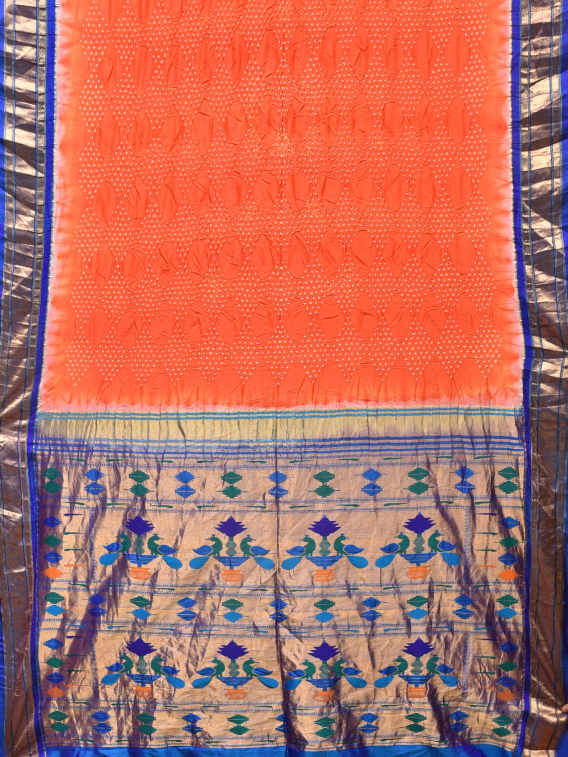 Orange Bandhani Paithani Silk Handloom Saree with Peacocks Pallu Design - Global Threads - Distacart