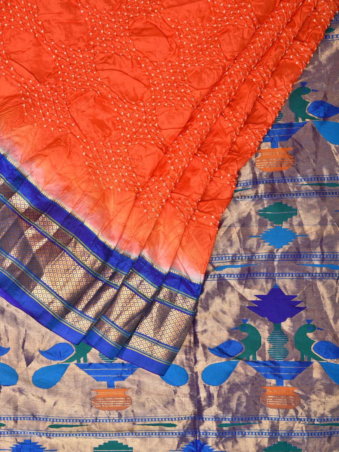Orange Bandhani Paithani Silk Handloom Saree with Peacocks Pallu Design - Global Threads - Distacart
