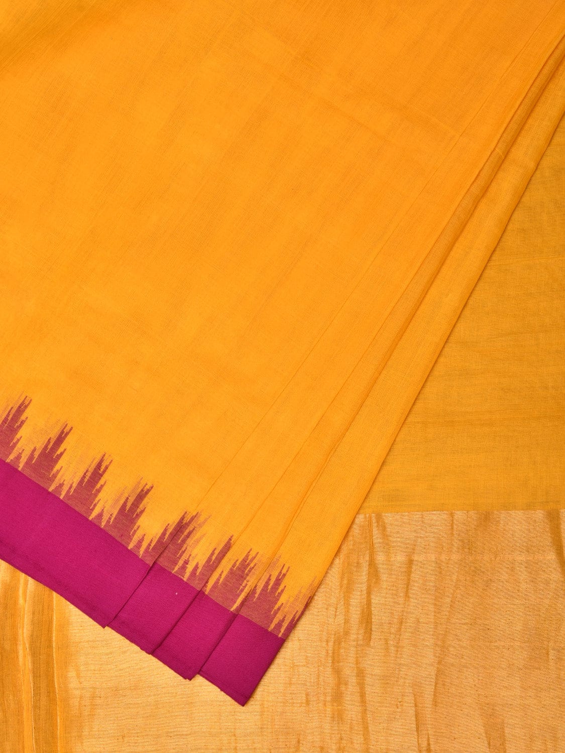 Orange Green Khadi Cotton Handloom Plain Saree with Temple Border Design - Global Threads - Distacart