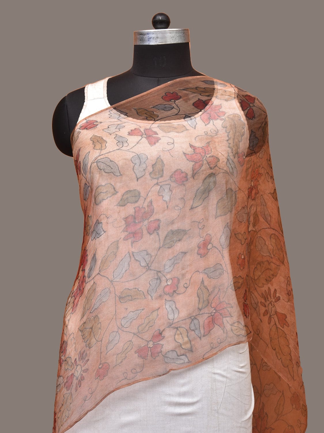 Orange Kalamkari Hand Painted Organza Stole with Floral Design - Global Threads - Distacart