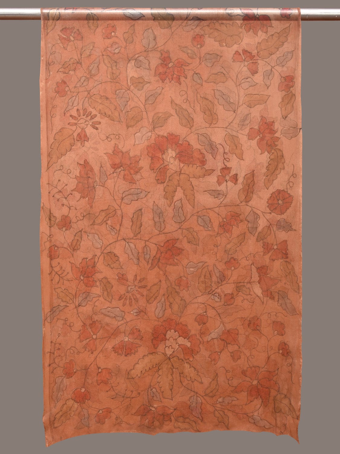 Orange Kalamkari Hand Painted Organza Stole with Floral Design - Global Threads - Distacart