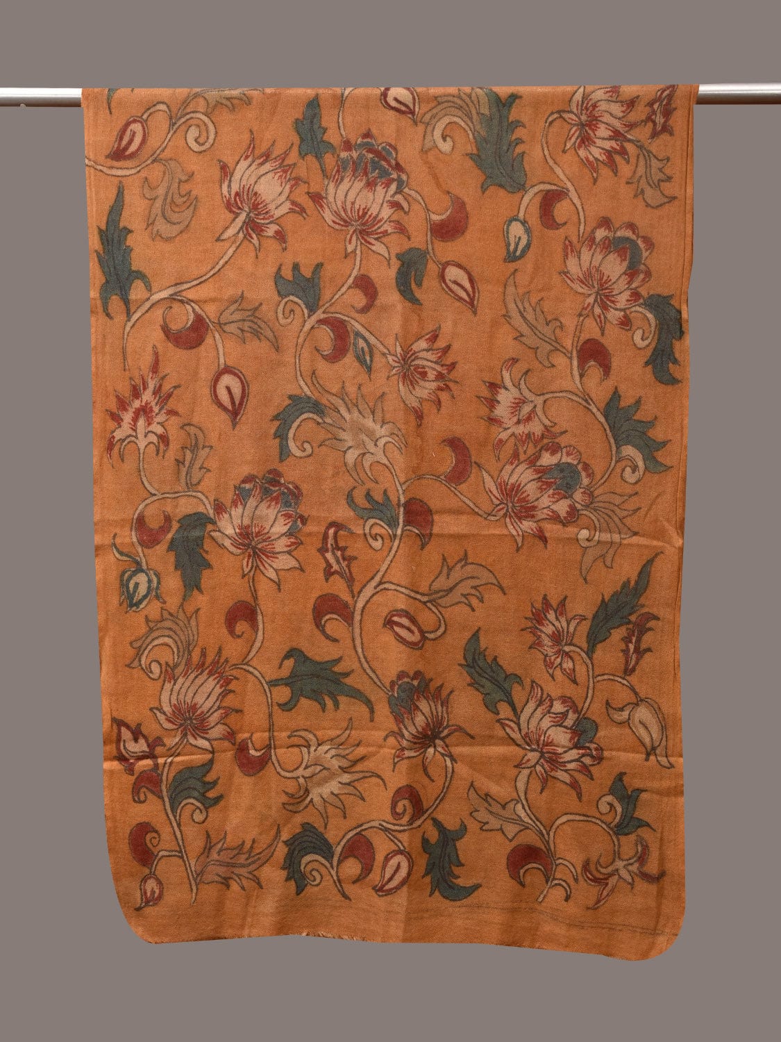 Orange Kalamkari Hand Painted Woolen Handloom Stole with Floral Design - Global Threads - Distacart