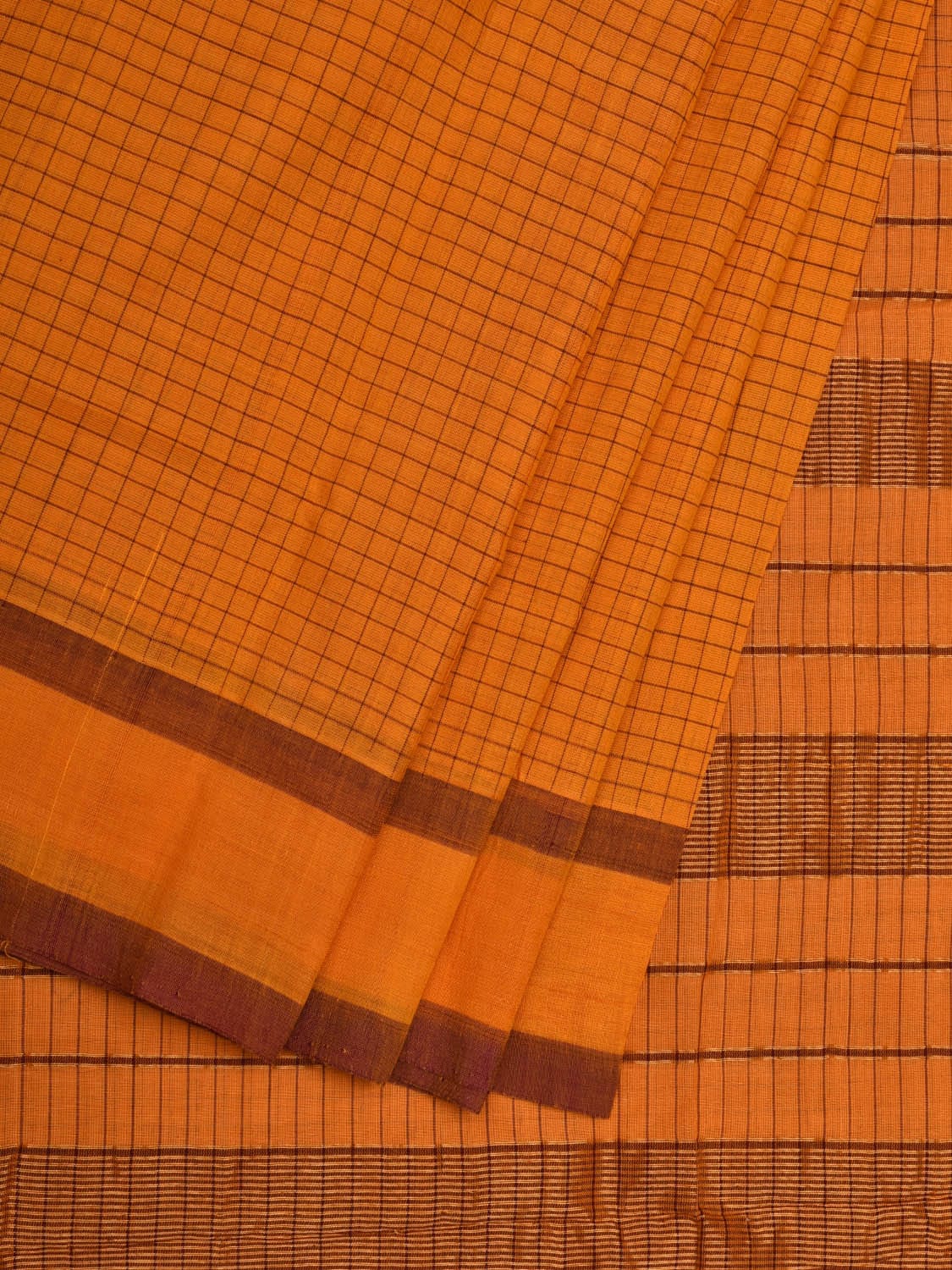 Orange Narayanpet Cotton Handloom Saree with Checks Design - Global Threads - Distacart