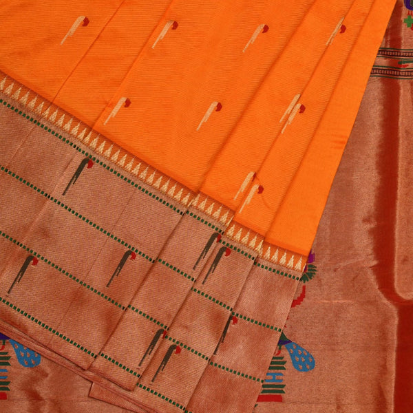 Orange Paithani Silk Handloom Saree with Triple Muniya Border Design - Global Threads - Distacart