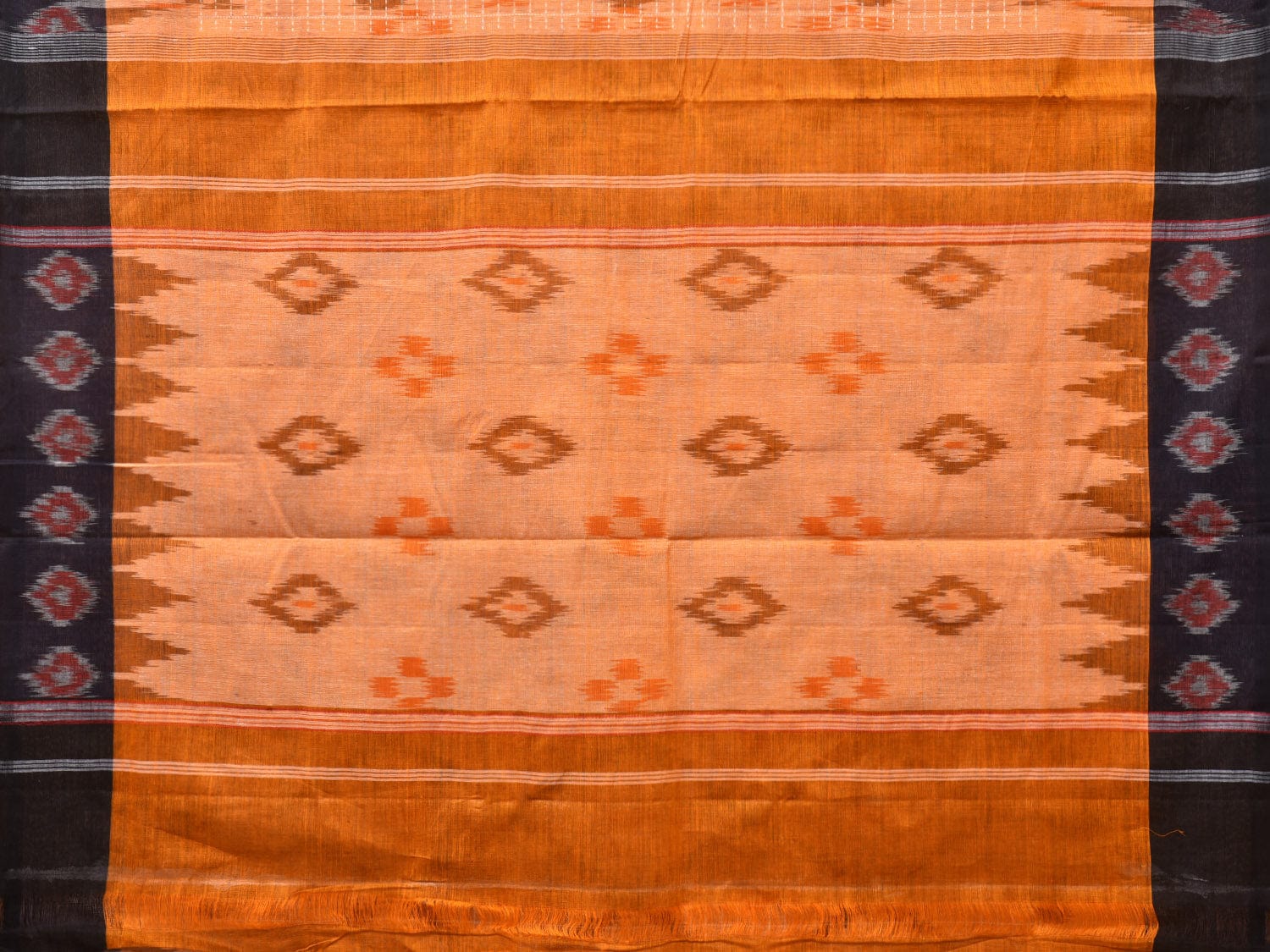 Orange Pochampally Ikat Cotton Handloom Saree with Grill and Big Temple Border Design No Blouse - Global Threads - Distacart