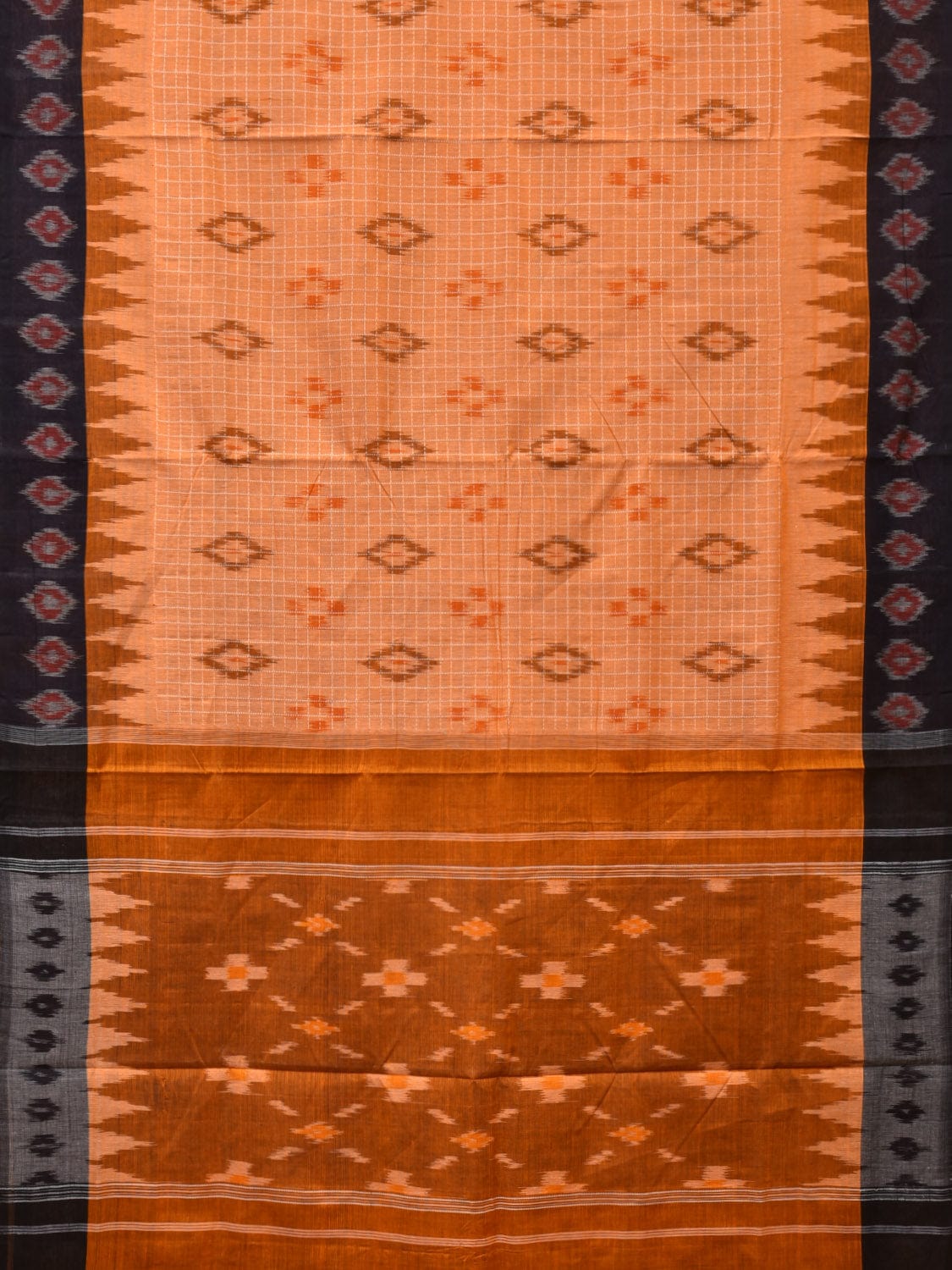 Orange Pochampally Ikat Handloom Saree with Checks and Border Design No Blouse - Global Threads - Distacart