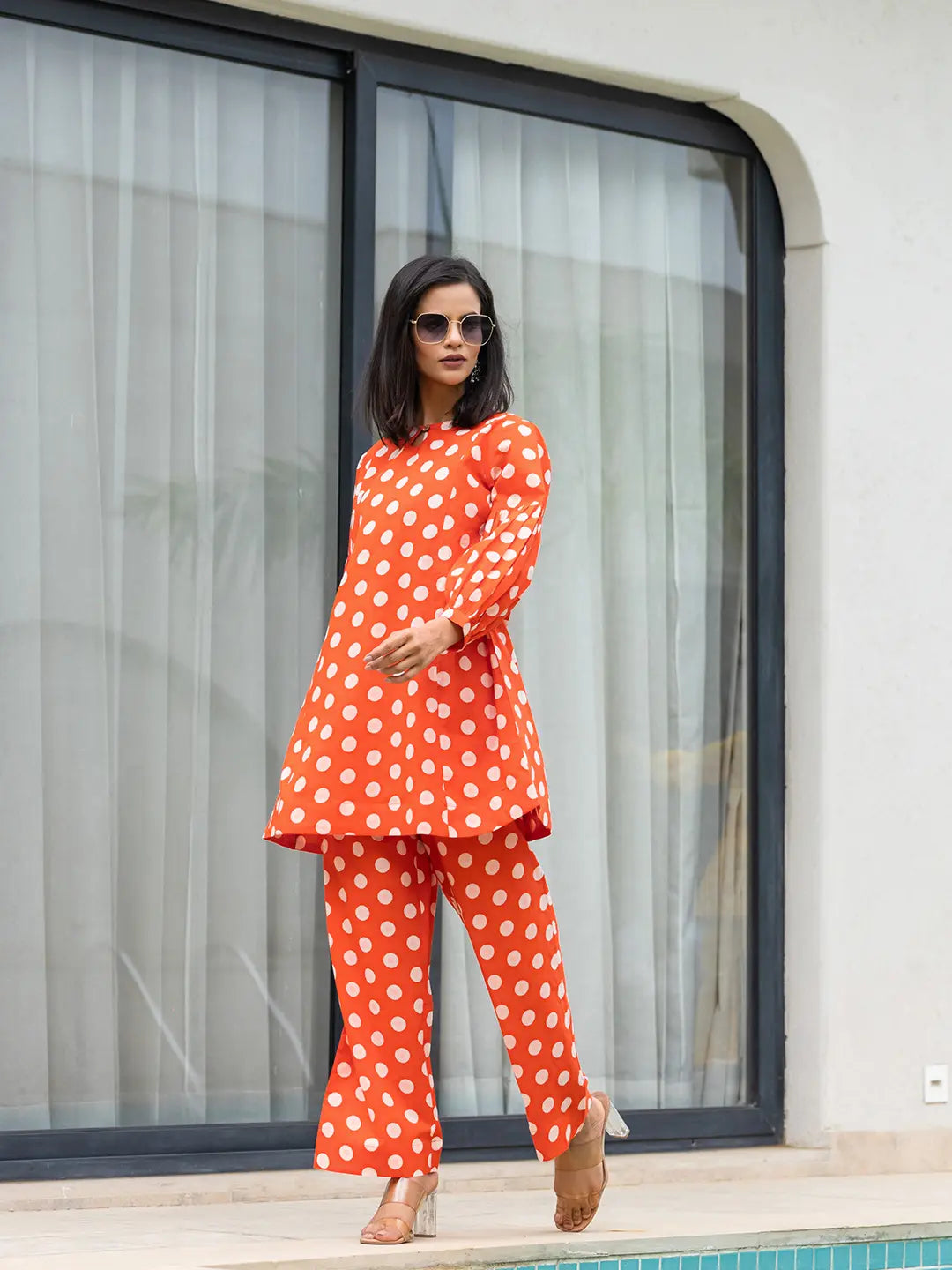 Yufta Orange Polka Dot Print Top And Trouser Co Ord Set - Distacart