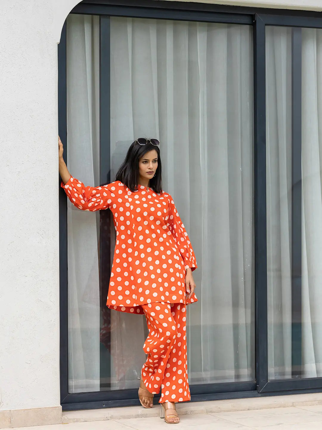 Yufta Orange Polka Dot Print Top And Trouser Co Ord Set