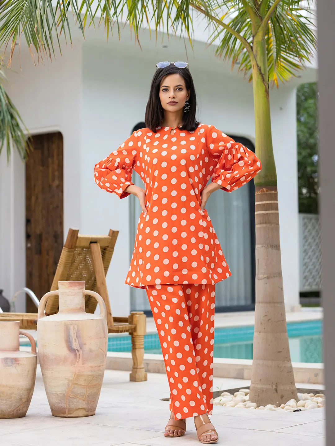 Yufta Orange Polka Dot Print Top And Trouser Co Ord Set