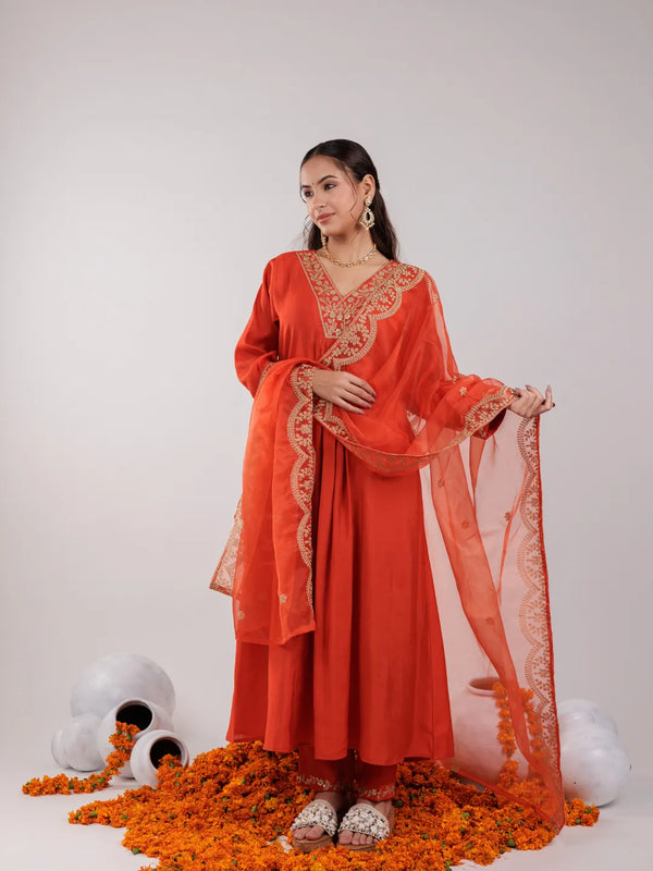 Yufta Orange Silk Embroidered Kurta Dupatta Set