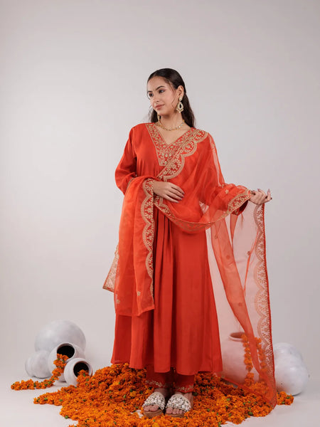 Yufta Orange Silk Embroidered Kurta Dupatta Set