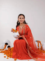Thumbnail for Yufta Orange Silk Embroidered Kurta Dupatta Set