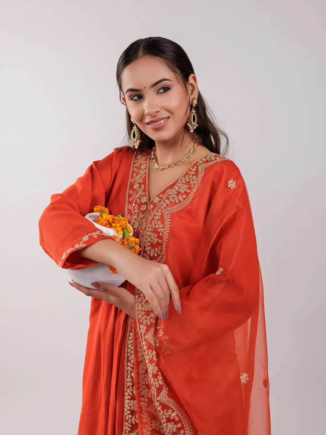 Yufta Orange Silk Embroidered Kurta Dupatta Set