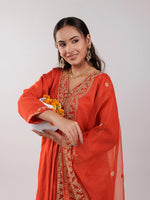 Thumbnail for Yufta Orange Silk Embroidered Kurta Dupatta Set