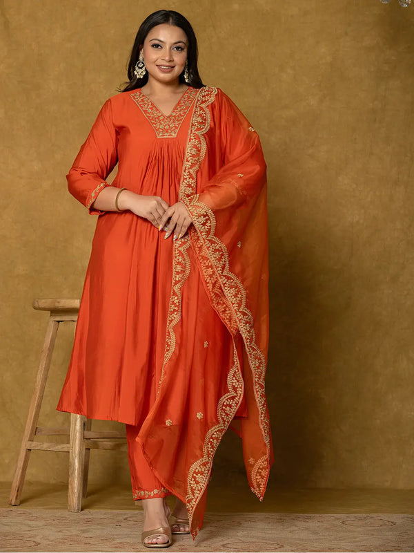 Yufta Orange Silk Embroidered Plus Size Kurta Dupatta Set