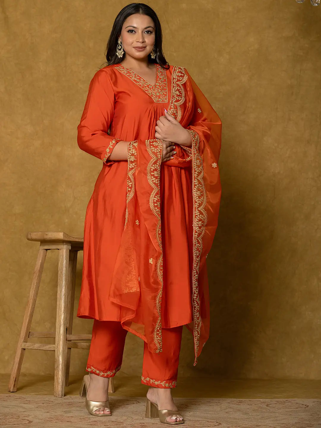 Yufta Orange Silk Embroidered Plus Size Kurta Dupatta Set - Distacart